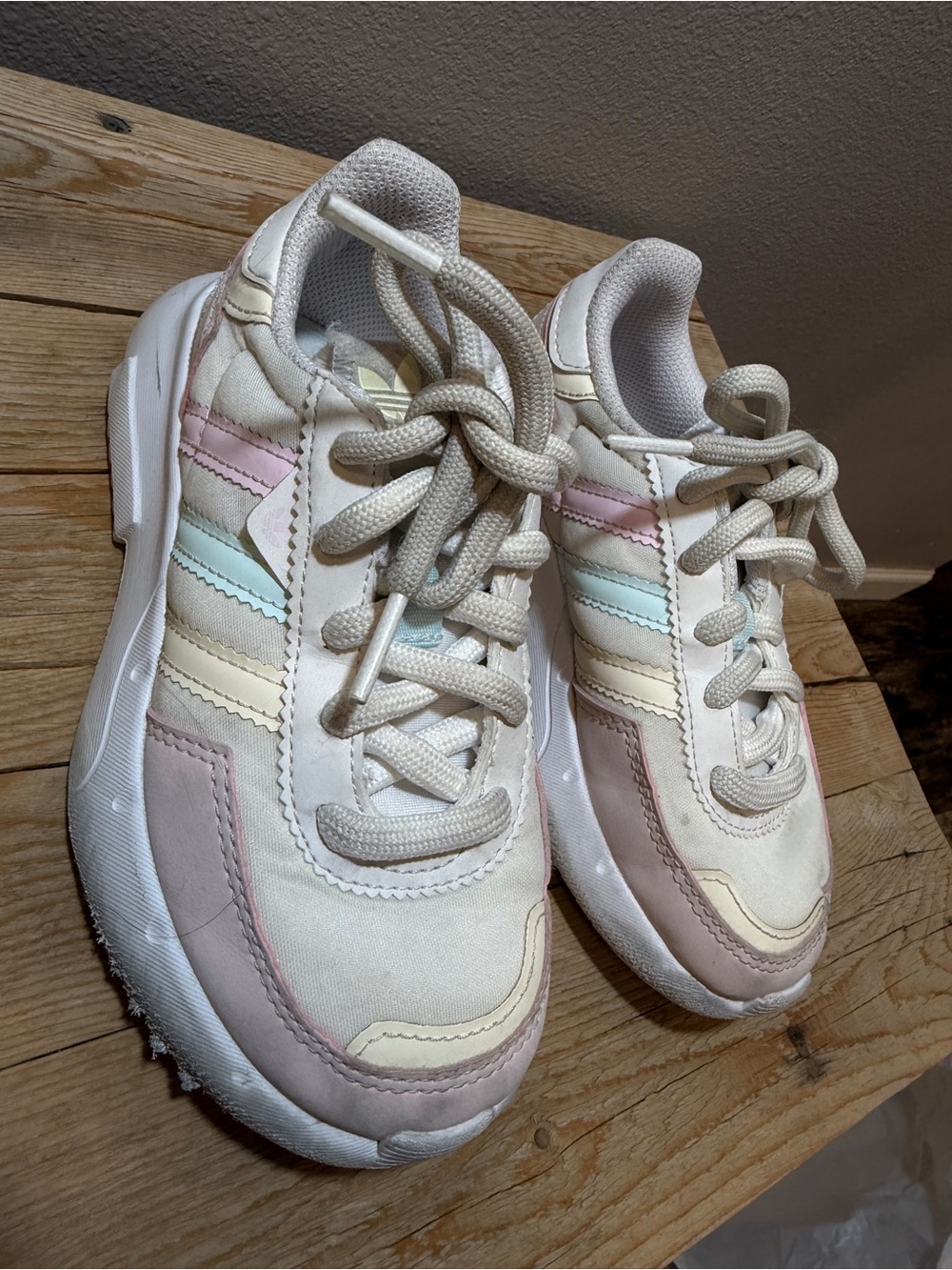 adidas Kids White Sneakers with Pink, Mint & Cream Accents